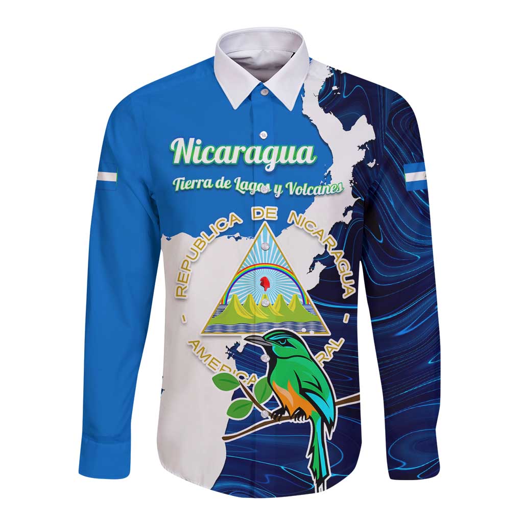 Nicaragua Guardabarranco Bird Long Sleeve Button Shirt with Volcano Map and National Emblem Design - Wonder Print Shop