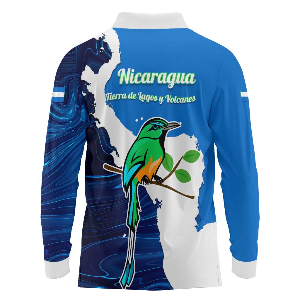 Nicaragua Guardabarranco Bird Long Sleeve Polo Shirt with Volcano Map and National Emblem Design - Wonder Print Shop