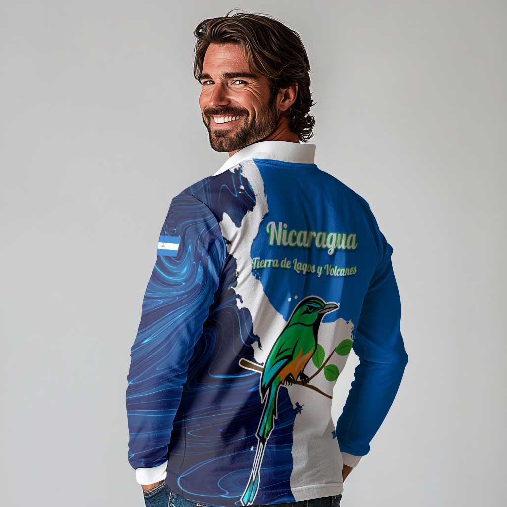Nicaragua Guardabarranco Bird Long Sleeve Polo Shirt with Volcano Map and National Emblem Design - Wonder Print Shop