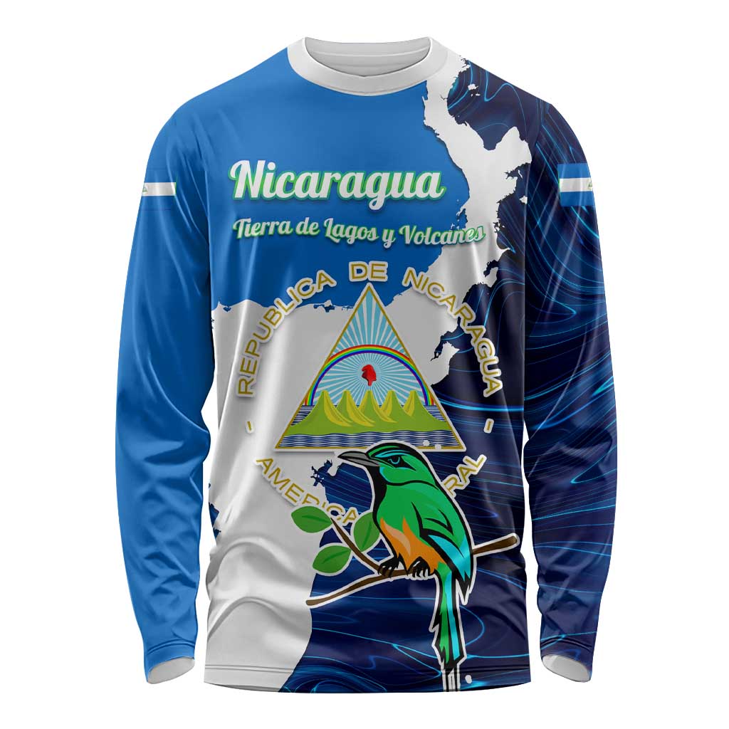 Nicaragua Guardabarranco Bird Long Sleeve Shirt with Volcano Map and National Emblem Design - Wonder Print Shop