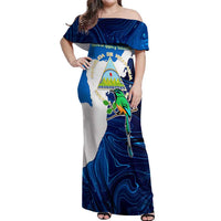 Nicaragua Guardabarranco Bird Off Shoulder Maxi Dress with Volcano Map and National Emblem Design - Wonder Print Shop