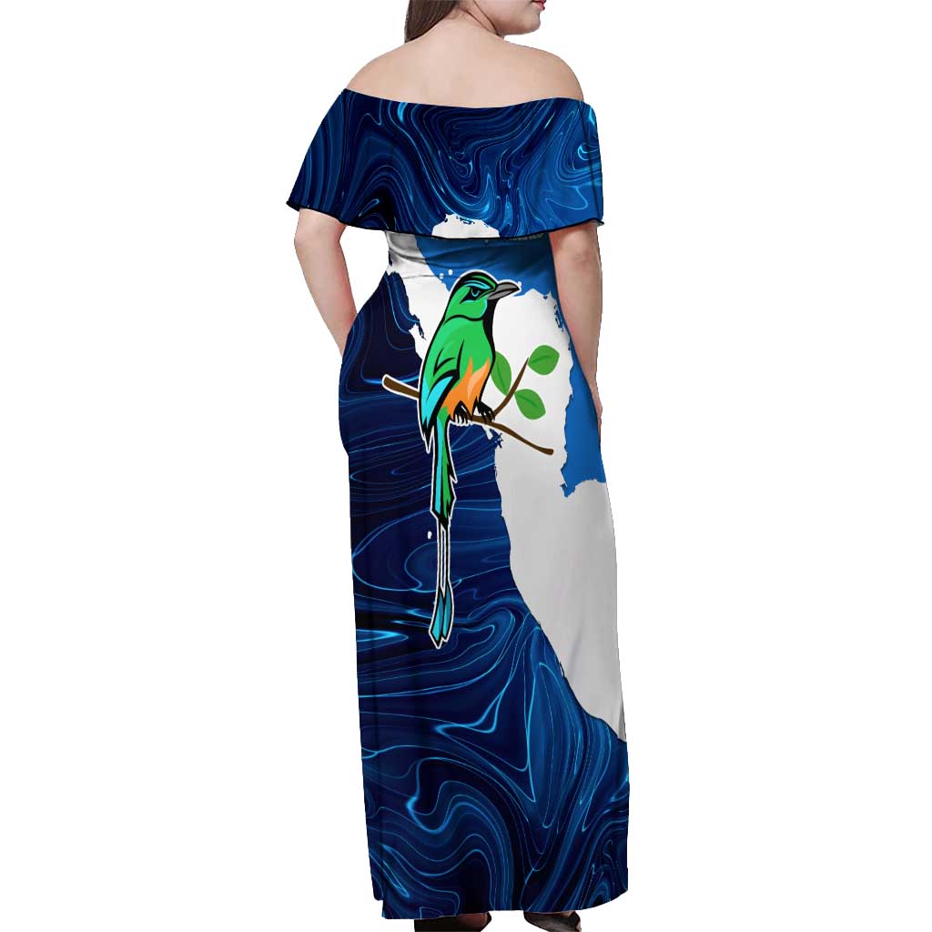 Nicaragua Guardabarranco Bird Off Shoulder Maxi Dress with Volcano Map and National Emblem Design - Wonder Print Shop