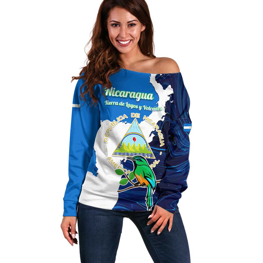 Nicaragua Guardabarranco Bird Off Shoulder Sweater with Volcano Map and National Emblem Design - Wonder Print Shop