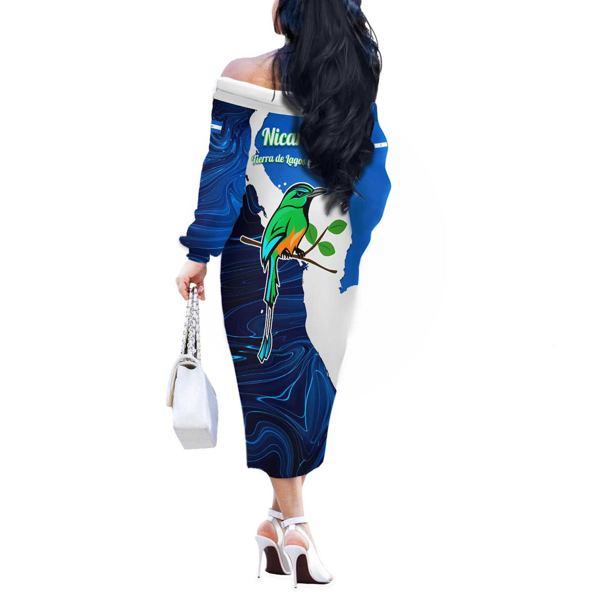 Nicaragua Guardabarranco Bird Off The Shoulder Long Sleeve Dress with Volcano Map and National Emblem Design - Wonder Print Shop