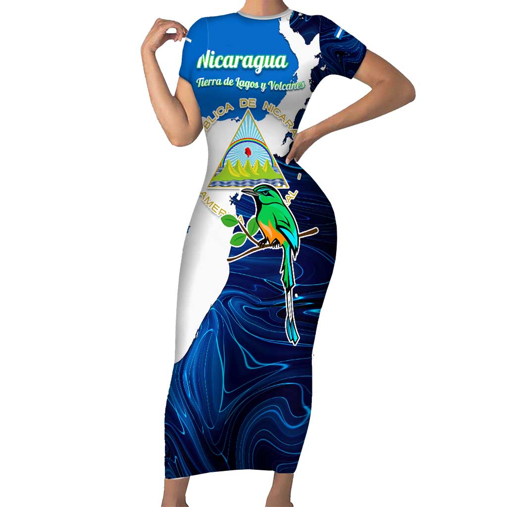 Nicaragua Guardabarranco Bird Short Sleeve Bodycon Dress with Volcano Map and National Emblem Design - Wonder Print Shop