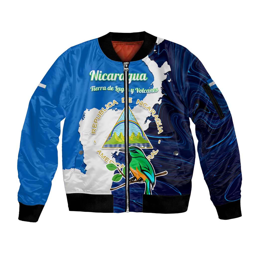 Nicaragua Guardabarranco Bird Sleeve Zip Bomber Jacket with Volcano Map and National Emblem Design - Wonder Print Shop
