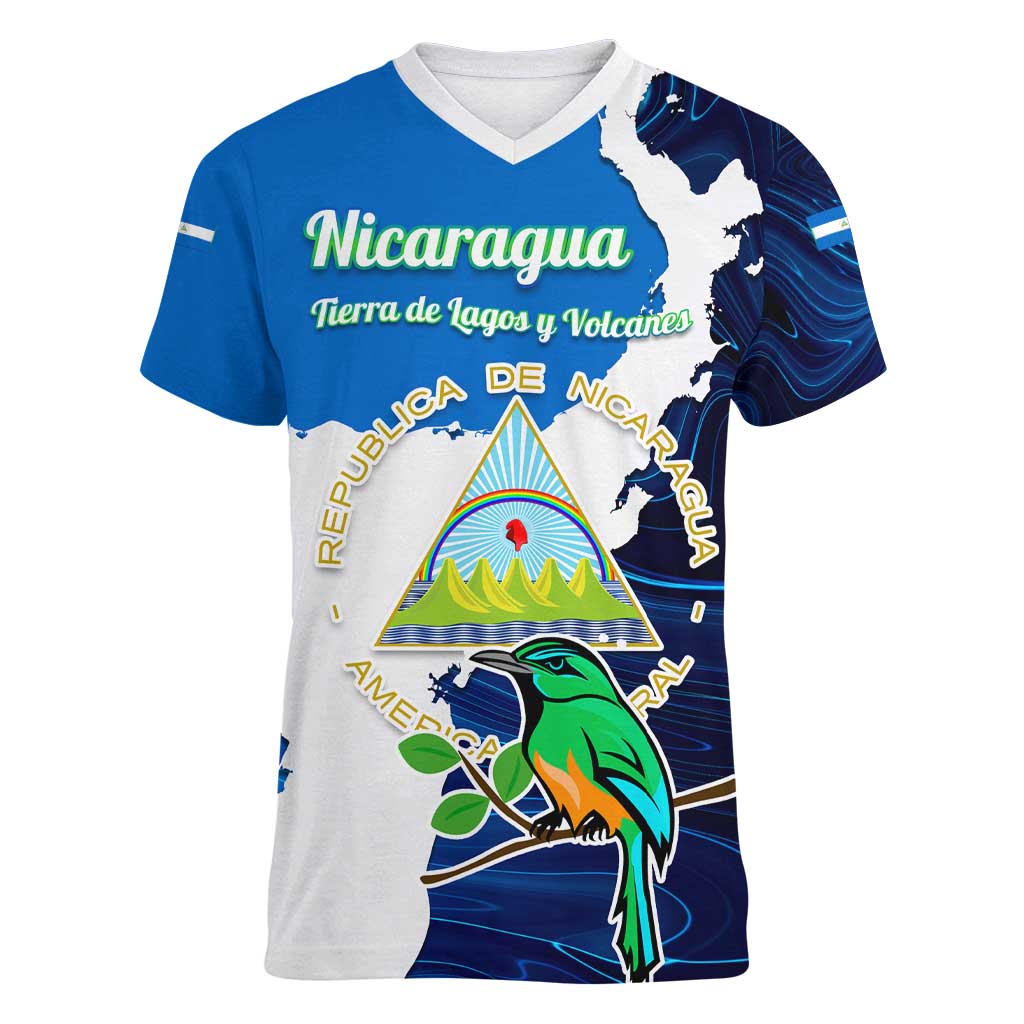 Nicaragua Guardabarranco Bird Women V-Neck T-Shirt with Volcano Map and National Emblem Design - Wonder Print Shop