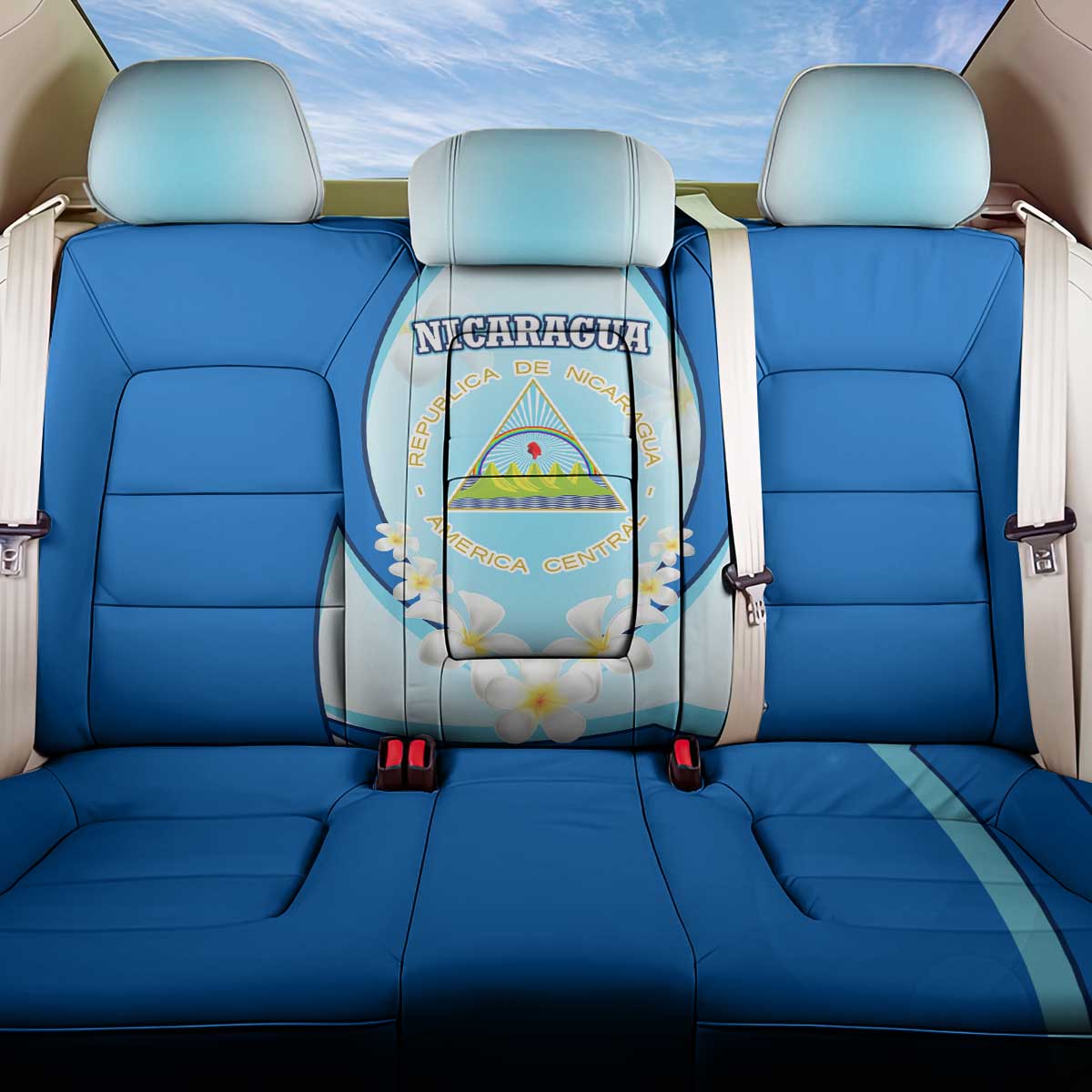 Nicaragua National Emblem Back Car Seat Cover with White Flor de Sacuanjoche and Blue Gradient Design - Wonder Print Shop