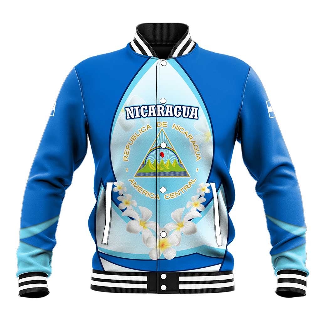 Nicaragua National Emblem Baseball Jacket with White Flor de Sacuanjoche and Blue Gradient Design - Wonder Print Shop