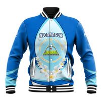 Nicaragua National Emblem Baseball Jacket with White Flor de Sacuanjoche and Blue Gradient Design - Wonder Print Shop