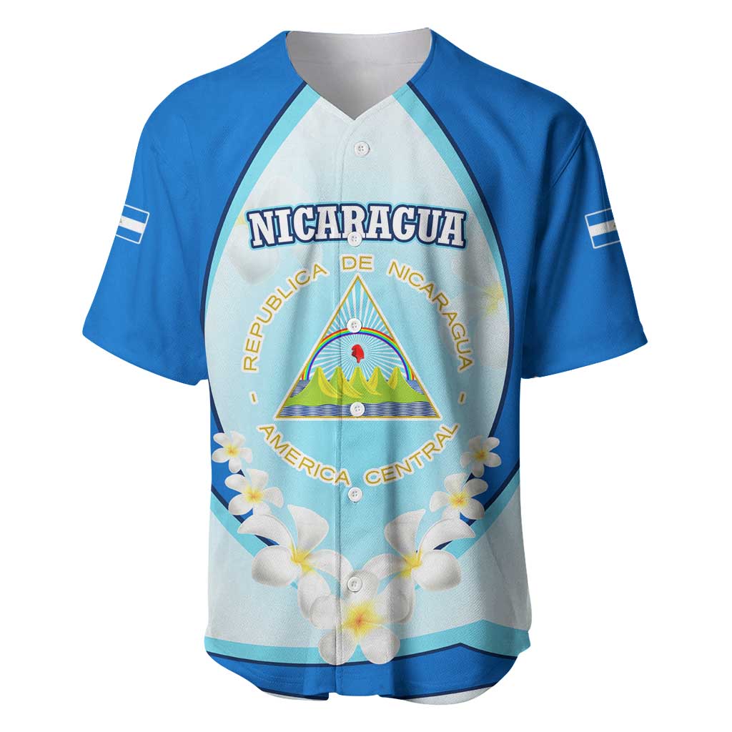 Nicaragua National Emblem Baseball Jersey with White Flor de Sacuanjoche and Blue Gradient Design - Wonder Print Shop