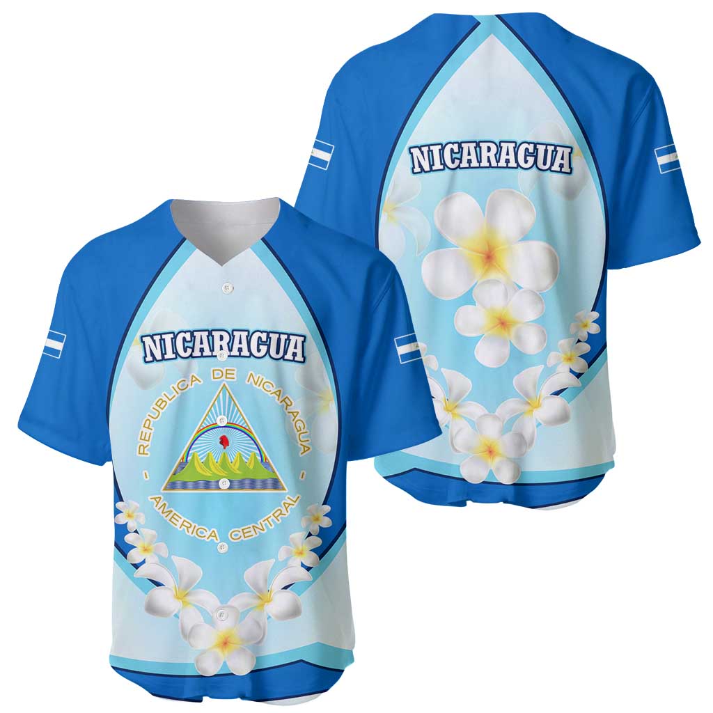 Nicaragua National Emblem Baseball Jersey with White Flor de Sacuanjoche and Blue Gradient Design - Wonder Print Shop