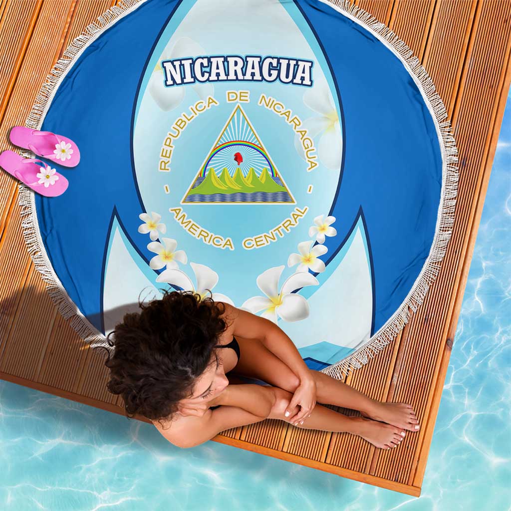 Nicaragua National Emblem Beach Blanket with White Flor de Sacuanjoche and Blue Gradient Design - Wonder Print Shop