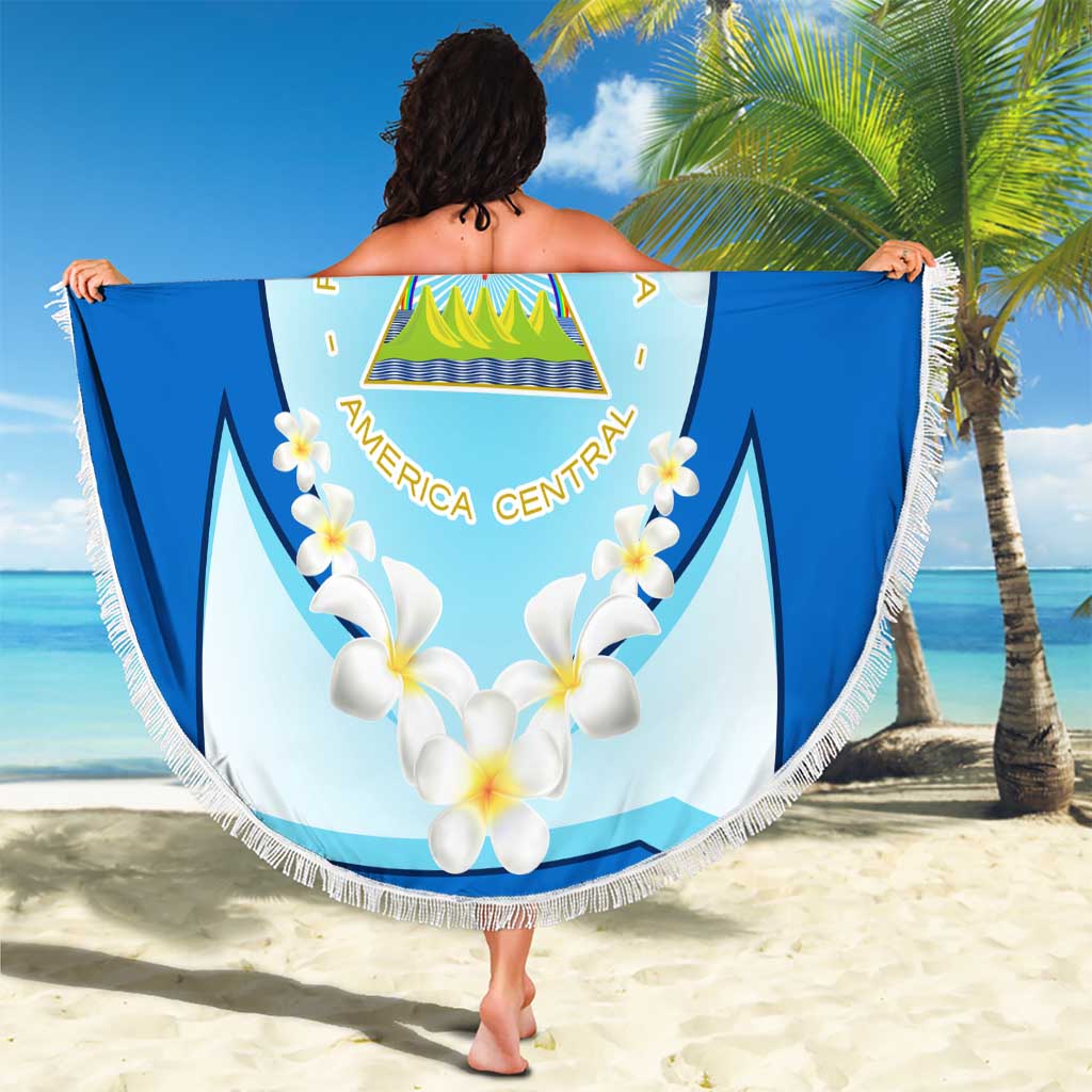 Nicaragua National Emblem Beach Blanket with White Flor de Sacuanjoche and Blue Gradient Design - Wonder Print Shop