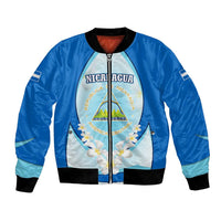 Nicaragua National Emblem Bomber Jacket with White Flor de Sacuanjoche and Blue Gradient Design - Wonder Print Shop