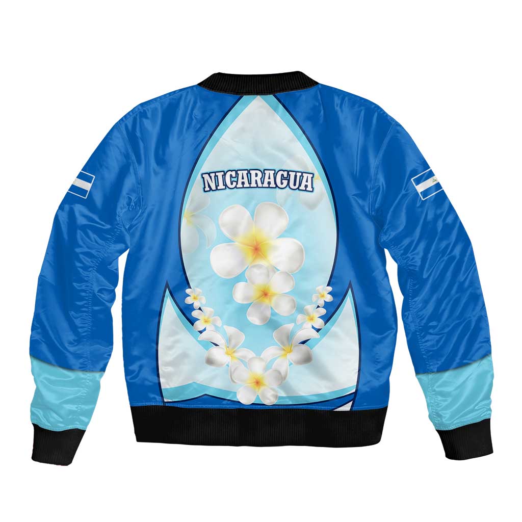 Nicaragua National Emblem Bomber Jacket with White Flor de Sacuanjoche and Blue Gradient Design - Wonder Print Shop