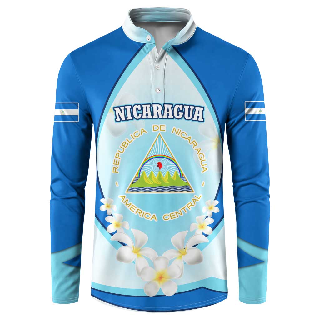 Nicaragua National Emblem Button Sweatshirt with White Flor de Sacuanjoche and Blue Gradient Design - Wonder Print Shop