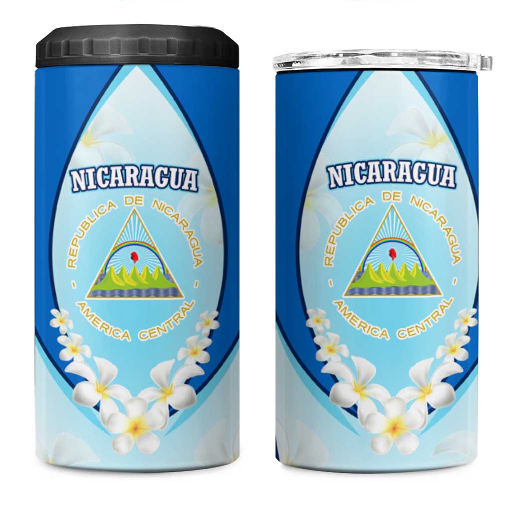 Nicaragua National Emblem 4 in 1 Can Cooler Tumbler with White Flor de Sacuanjoche and Blue Gradient Design - Wonder Print Shop