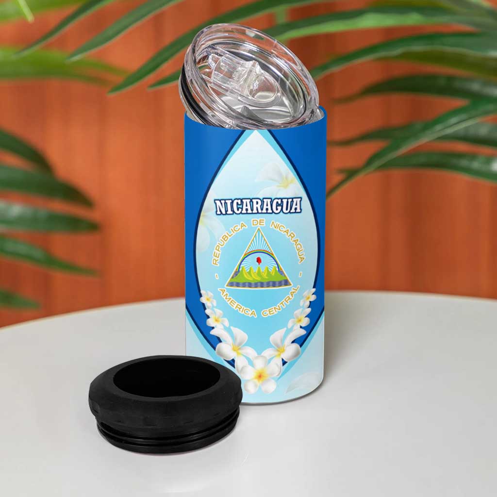 Nicaragua National Emblem 4 in 1 Can Cooler Tumbler with White Flor de Sacuanjoche and Blue Gradient Design - Wonder Print Shop