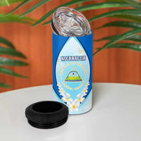 Nicaragua National Emblem 4 in 1 Can Cooler Tumbler with White Flor de Sacuanjoche and Blue Gradient Design - Wonder Print Shop