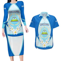 Nicaragua National Emblem Couples Matching Long Sleeve Bodycon Dress and Hawaiian Shirt with White Flor de Sacuanjoche and Blue Gradient Design - Wonder Print Shop