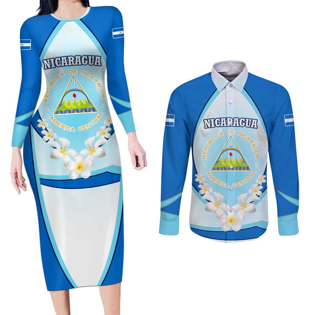 Nicaragua National Emblem Couples Matching Long Sleeve Bodycon Dress and Long Sleeve Button Shirt with White Flor de Sacuanjoche and Blue Gradient Design - Wonder Print Shop