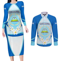 Nicaragua National Emblem Couples Matching Long Sleeve Bodycon Dress and Long Sleeve Button Shirt with White Flor de Sacuanjoche and Blue Gradient Design - Wonder Print Shop