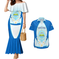 Nicaragua National Emblem Couples Matching Mermaid Dress and Hawaiian Shirt with White Flor de Sacuanjoche and Blue Gradient Design - Wonder Print Shop