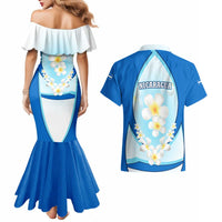 Nicaragua National Emblem Couples Matching Mermaid Dress and Hawaiian Shirt with White Flor de Sacuanjoche and Blue Gradient Design - Wonder Print Shop