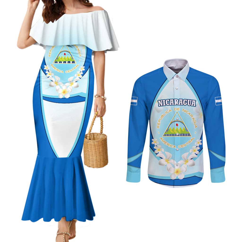 Nicaragua National Emblem Couples Matching Mermaid Dress and Long Sleeve Button Shirt with White Flor de Sacuanjoche and Blue Gradient Design - Wonder Print Shop