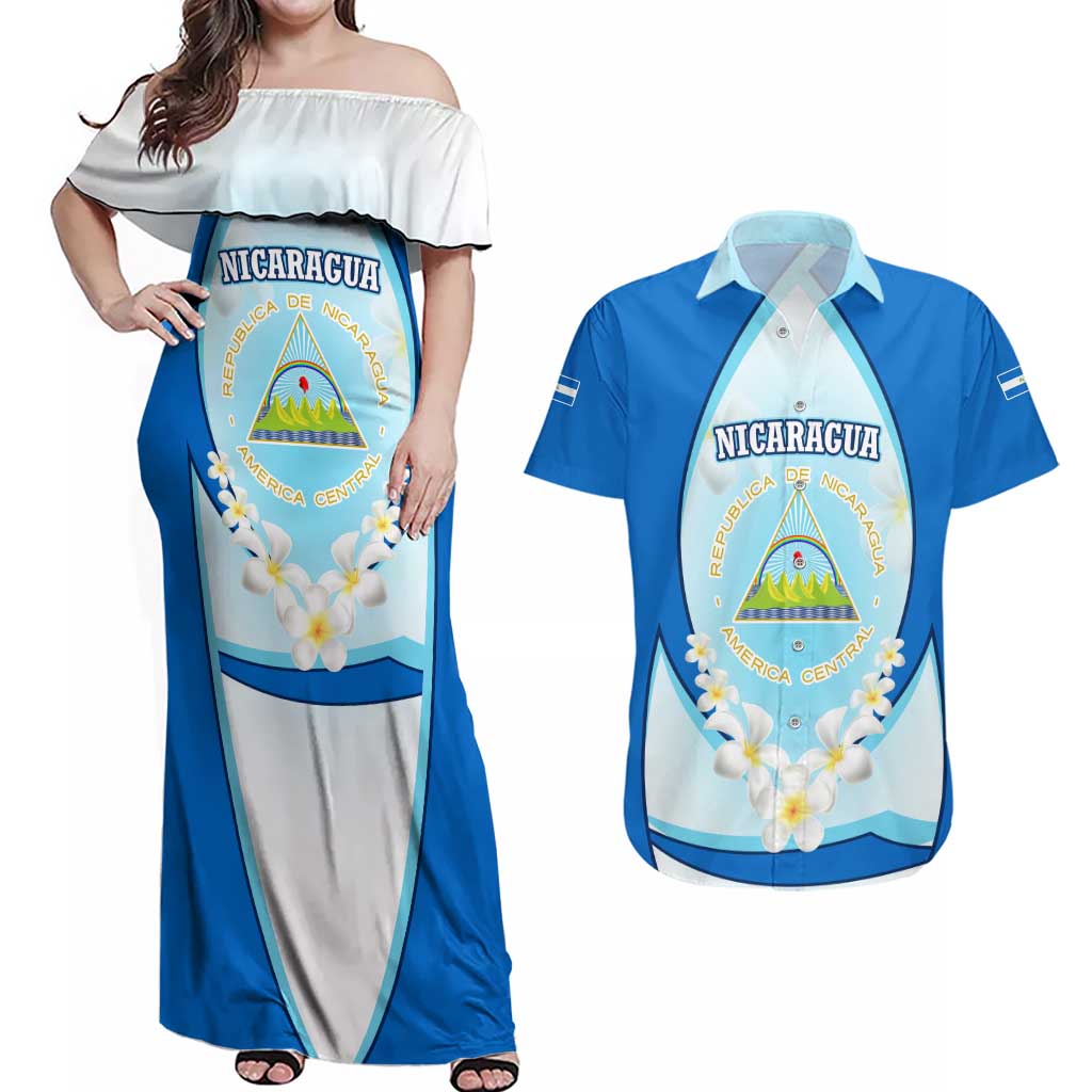 Nicaragua National Emblem Couples Matching Off Shoulder Maxi Dress and Hawaiian Shirt with White Flor de Sacuanjoche and Blue Gradient Design - Wonder Print Shop