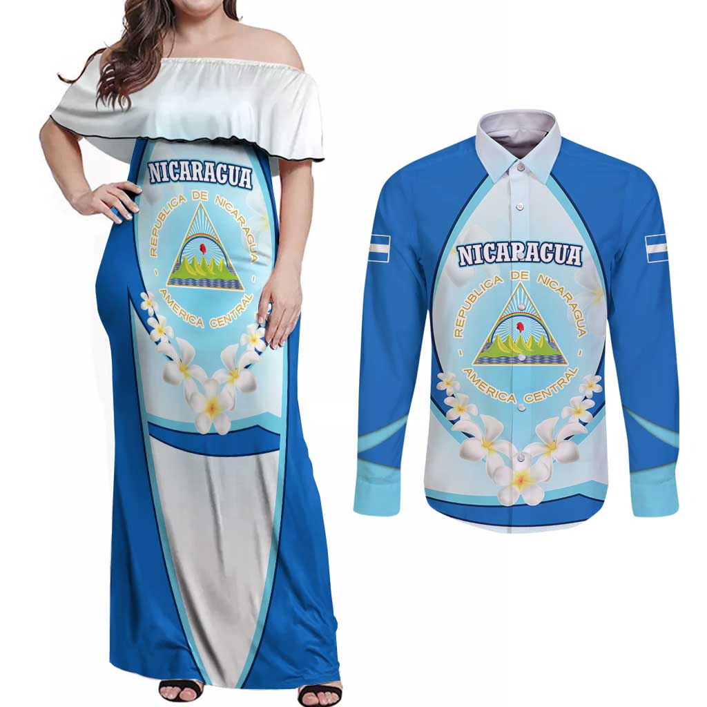 Nicaragua National Emblem Couples Matching Off Shoulder Maxi Dress and Long Sleeve Button Shirt with White Flor de Sacuanjoche and Blue Gradient Design - Wonder Print Shop