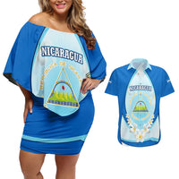 Nicaragua National Emblem Couples Matching Off Shoulder Short Dress and Hawaiian Shirt with White Flor de Sacuanjoche and Blue Gradient Design - Wonder Print Shop