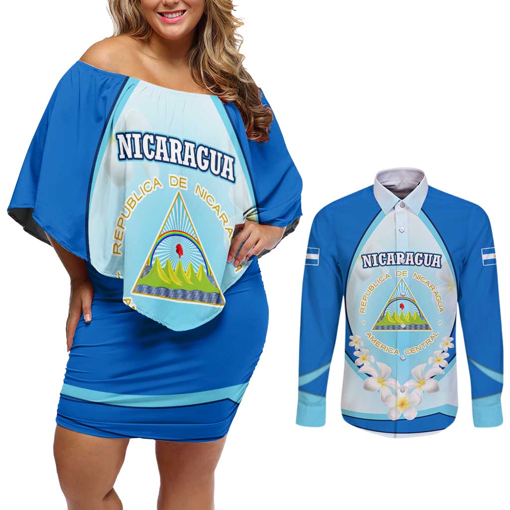 Nicaragua National Emblem Couples Matching Off Shoulder Short Dress and Long Sleeve Button Shirt with White Flor de Sacuanjoche and Blue Gradient Design - Wonder Print Shop