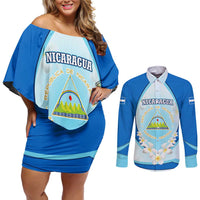 Nicaragua National Emblem Couples Matching Off Shoulder Short Dress and Long Sleeve Button Shirt with White Flor de Sacuanjoche and Blue Gradient Design - Wonder Print Shop