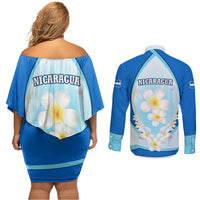 Nicaragua National Emblem Couples Matching Off Shoulder Short Dress and Long Sleeve Button Shirt with White Flor de Sacuanjoche and Blue Gradient Design - Wonder Print Shop