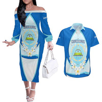Nicaragua National Emblem Couples Matching Off The Shoulder Long Sleeve Dress and Hawaiian Shirt with White Flor de Sacuanjoche and Blue Gradient Design - Wonder Print Shop