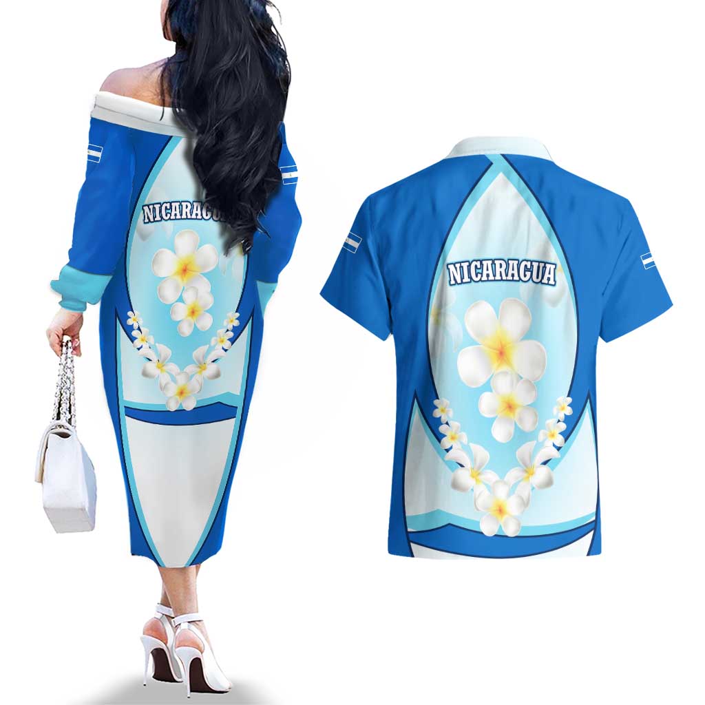 Nicaragua National Emblem Couples Matching Off The Shoulder Long Sleeve Dress and Hawaiian Shirt with White Flor de Sacuanjoche and Blue Gradient Design - Wonder Print Shop