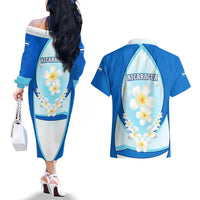 Nicaragua National Emblem Couples Matching Off The Shoulder Long Sleeve Dress and Hawaiian Shirt with White Flor de Sacuanjoche and Blue Gradient Design - Wonder Print Shop