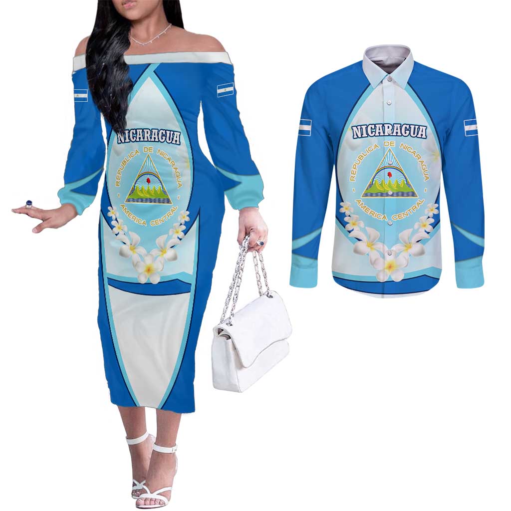 Nicaragua National Emblem Couples Matching Off The Shoulder Long Sleeve Dress and Long Sleeve Button Shirt with White Flor de Sacuanjoche and Blue Gradient Design - Wonder Print Shop