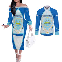 Nicaragua National Emblem Couples Matching Off The Shoulder Long Sleeve Dress and Long Sleeve Button Shirt with White Flor de Sacuanjoche and Blue Gradient Design - Wonder Print Shop