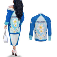 Nicaragua National Emblem Couples Matching Off The Shoulder Long Sleeve Dress and Long Sleeve Button Shirt with White Flor de Sacuanjoche and Blue Gradient Design - Wonder Print Shop