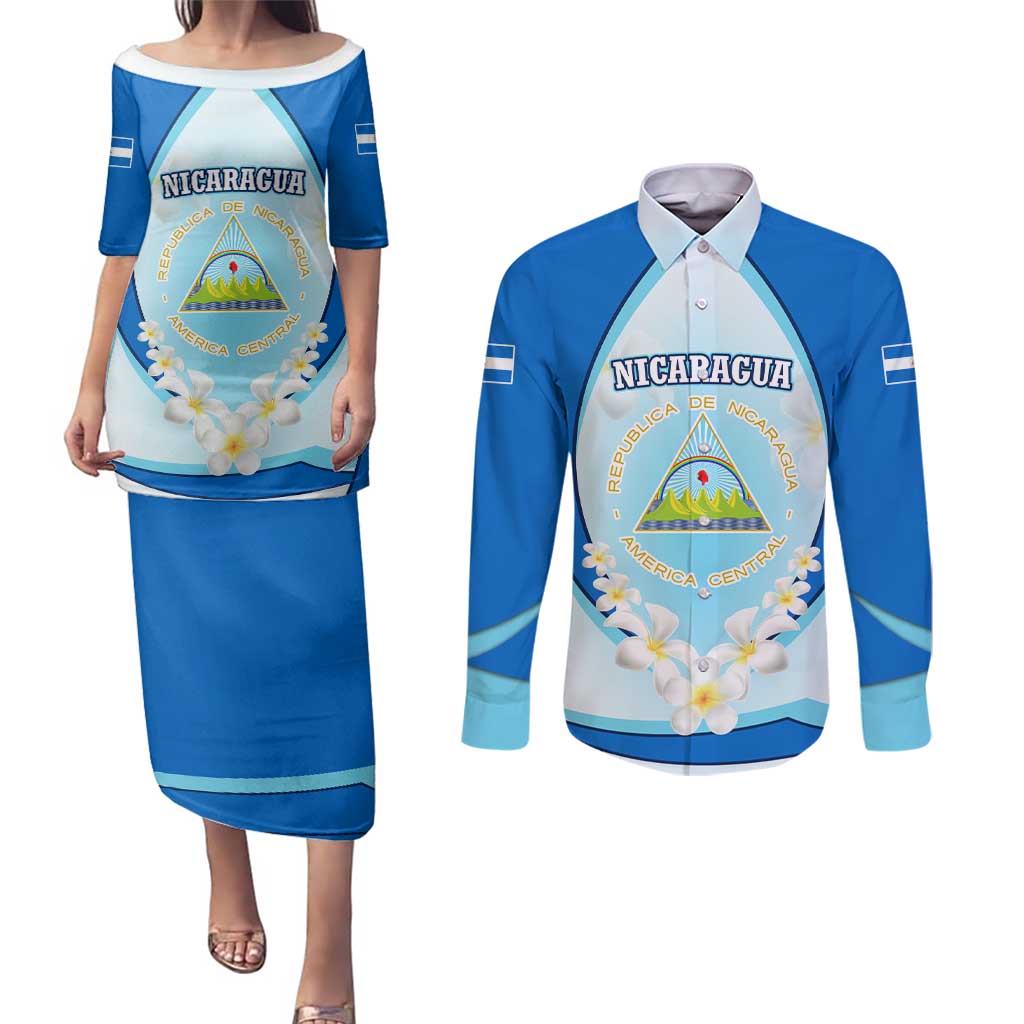 Nicaragua National Emblem Couples Matching Puletasi and Long Sleeve Button Shirt with White Flor de Sacuanjoche and Blue Gradient Design - Wonder Print Shop