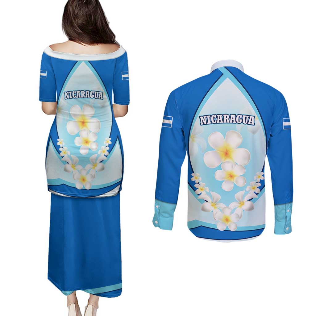 Nicaragua National Emblem Couples Matching Puletasi and Long Sleeve Button Shirt with White Flor de Sacuanjoche and Blue Gradient Design - Wonder Print Shop