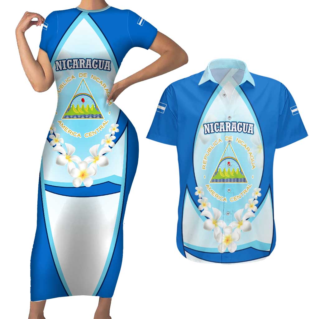 Nicaragua National Emblem Couples Matching Short Sleeve Bodycon Dress and Hawaiian Shirt with White Flor de Sacuanjoche and Blue Gradient Design - Wonder Print Shop
