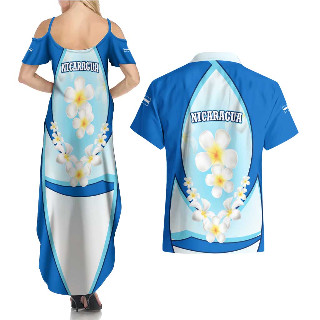 Nicaragua National Emblem Couples Matching Summer Maxi Dress and Hawaiian Shirt with White Flor de Sacuanjoche and Blue Gradient Design - Wonder Print Shop