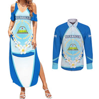 Nicaragua National Emblem Couples Matching Summer Maxi Dress and Long Sleeve Button Shirt with White Flor de Sacuanjoche and Blue Gradient Design - Wonder Print Shop