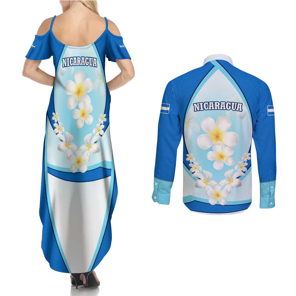 Nicaragua National Emblem Couples Matching Summer Maxi Dress and Long Sleeve Button Shirt with White Flor de Sacuanjoche and Blue Gradient Design - Wonder Print Shop