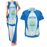 Nicaragua National Emblem Couples Matching Tank Maxi Dress and Hawaiian Shirt with White Flor de Sacuanjoche and Blue Gradient Design - Wonder Print Shop