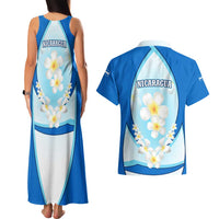 Nicaragua National Emblem Couples Matching Tank Maxi Dress and Hawaiian Shirt with White Flor de Sacuanjoche and Blue Gradient Design - Wonder Print Shop